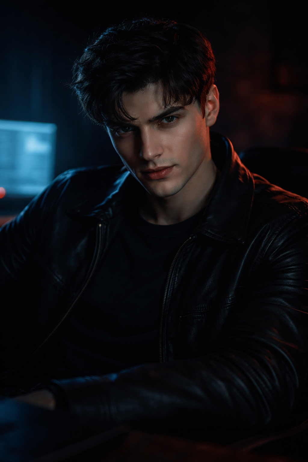 Adrian in Lederjacke, kalter Blick