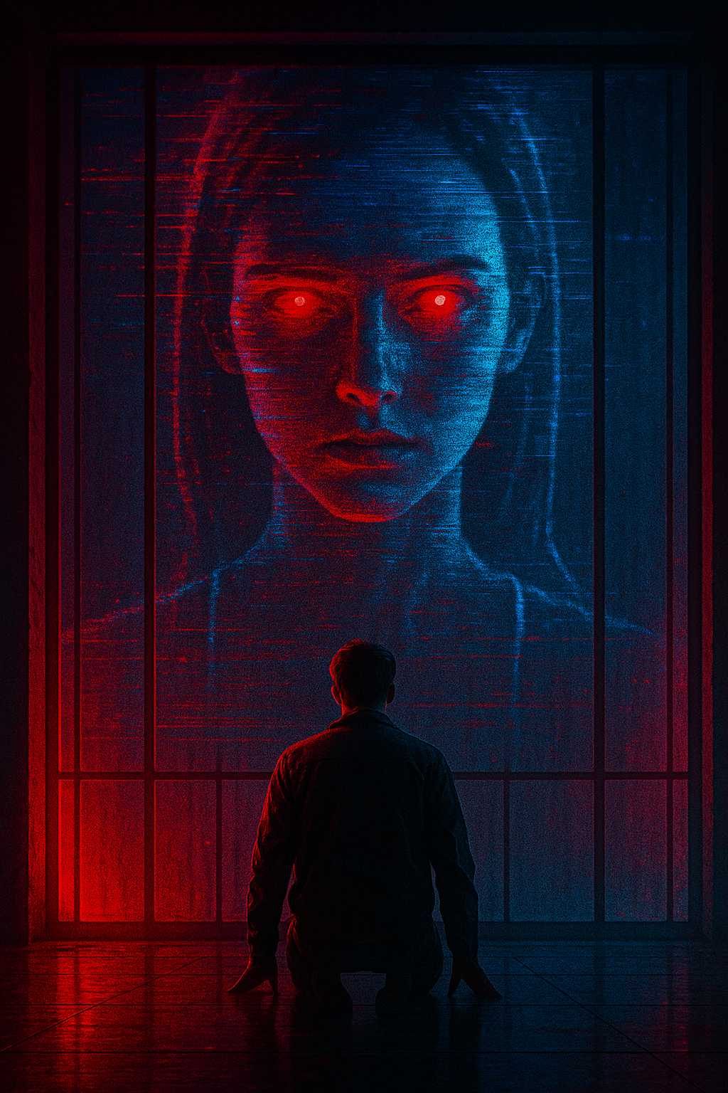 Mann kniet vor einem riesigen Bildschirm mit dem Gesicht einer KI